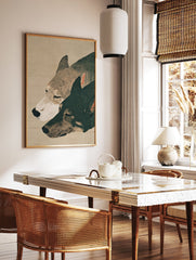 Illustrative dog art print featuring two calm dogs, one light and one dark, with closed eyes on a beige background. - Image 2