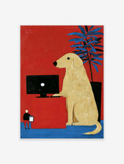 Illustrative art print of a yellow dog at a computer desk against a red background with a blue plant and a human figure