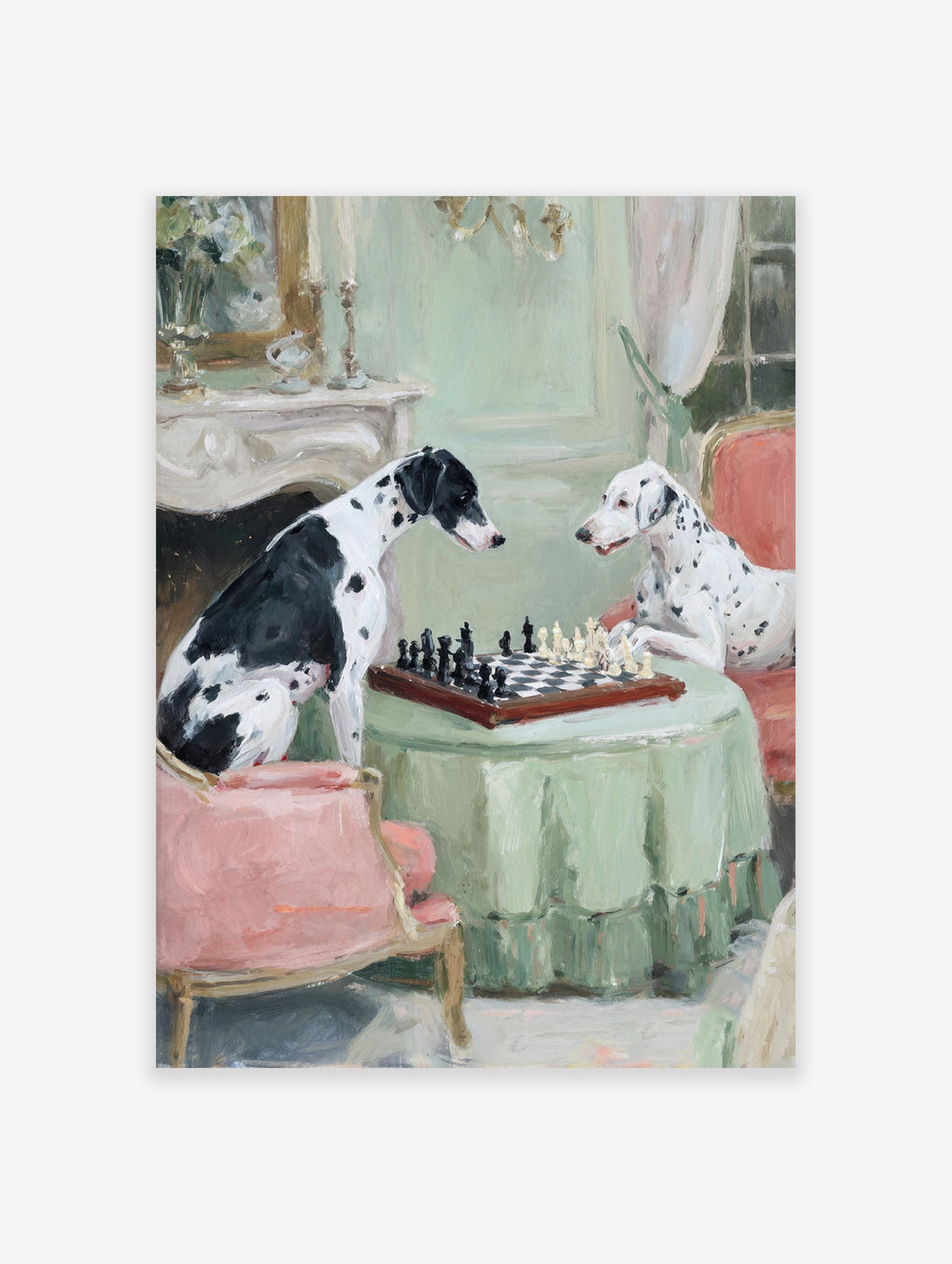 Painting of two Dalmatians playing chess at a table with a green tablecloth in an elegant room.