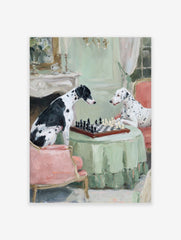 Painting of two Dalmatians playing chess at a table with a green tablecloth in an elegant room.