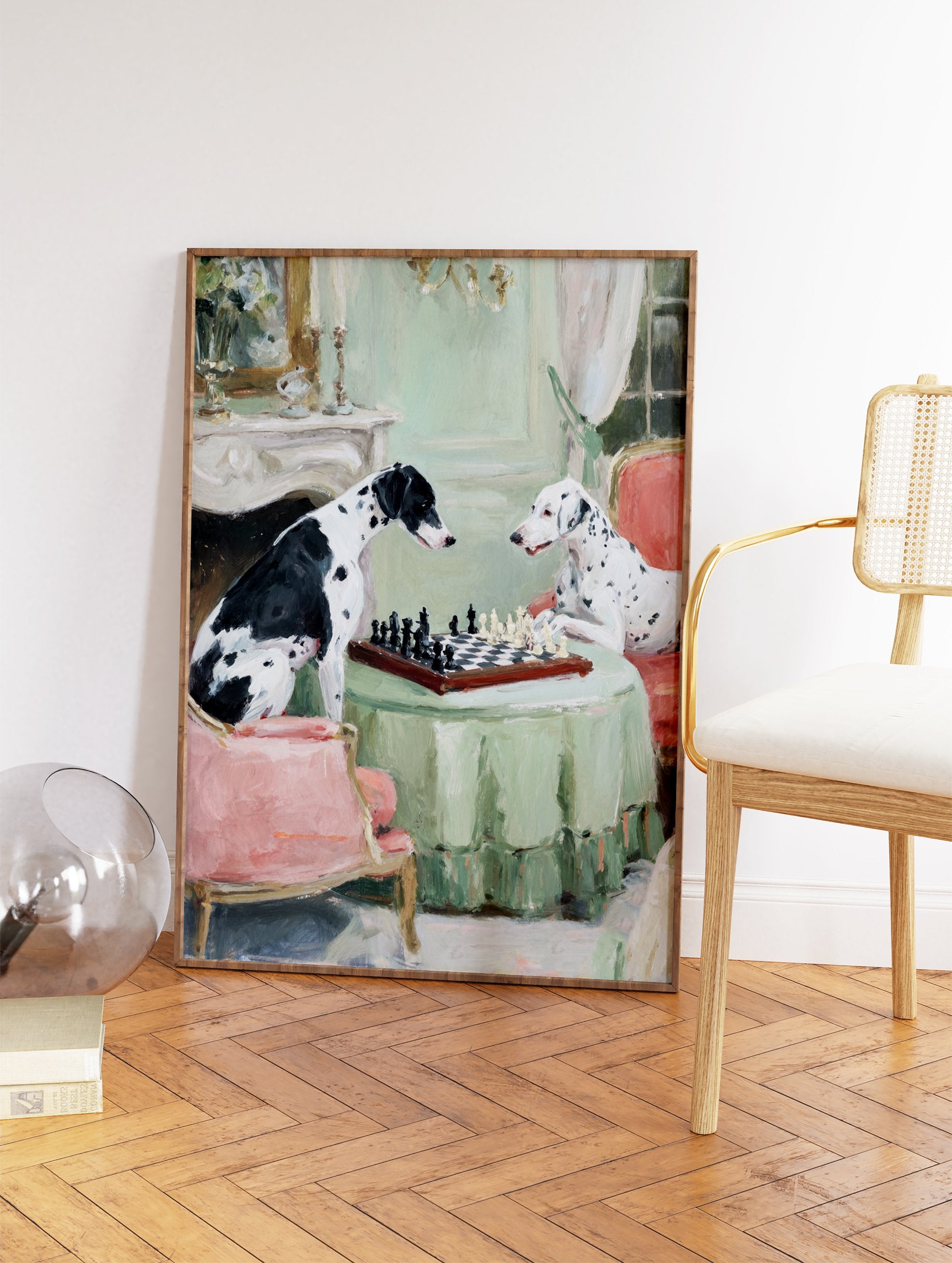 Painting of two Dalmatians playing chess at a table with a green tablecloth in an elegant room. - Image 2