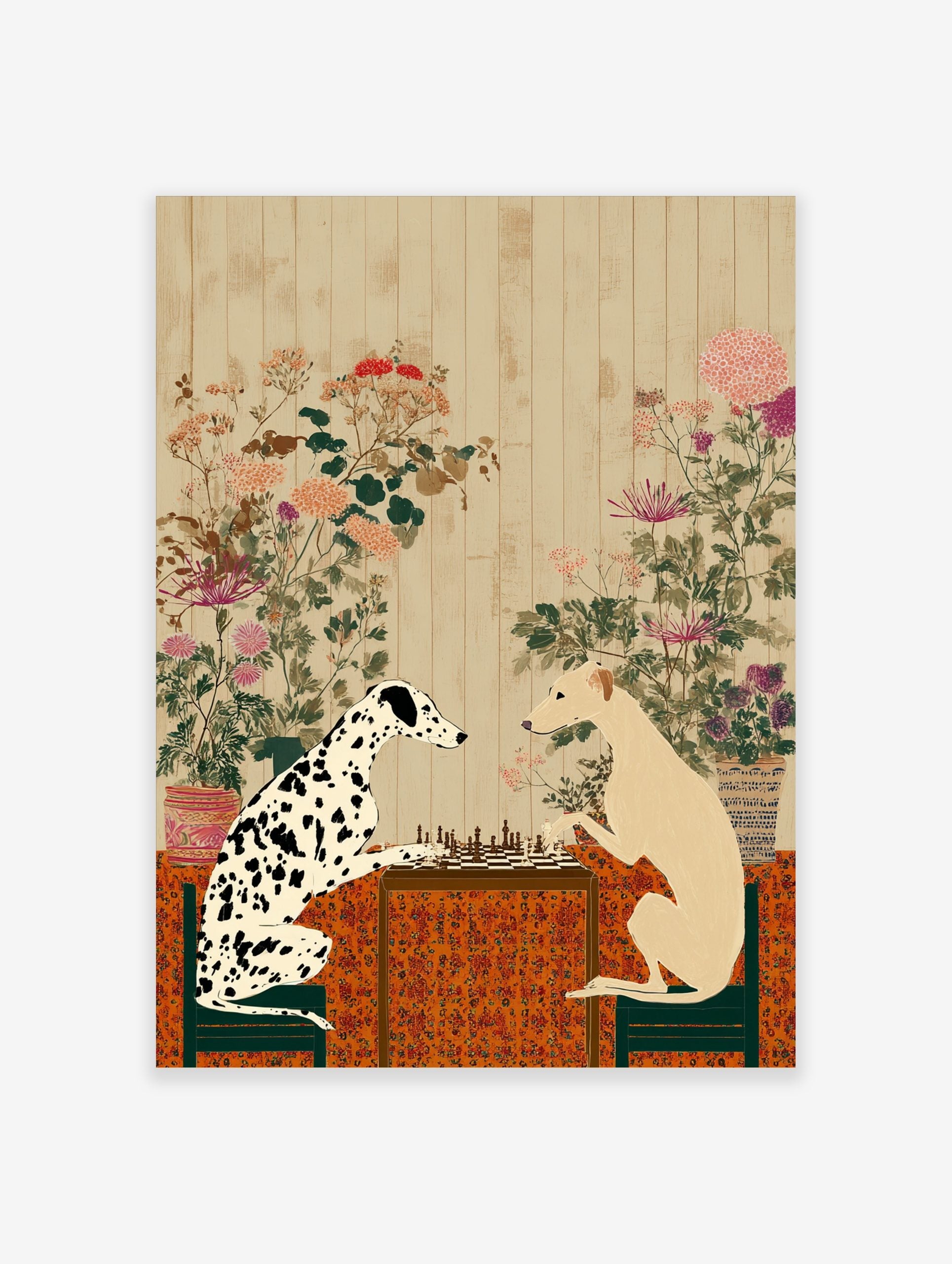 Dalmatian and sighthound dogs playing chess on a table with a patterned cloth and botanical wall art