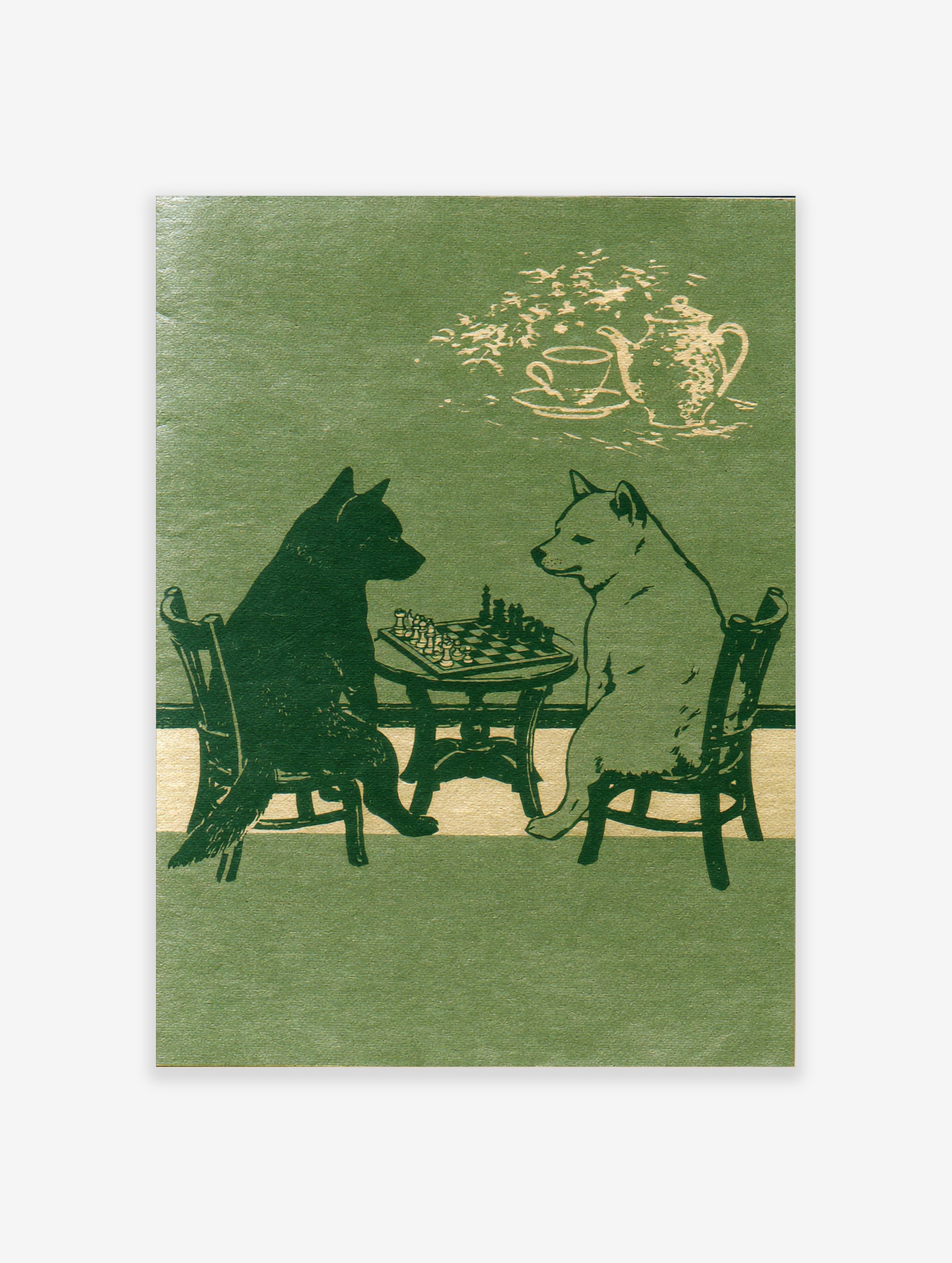 Illustration of a black dog and a white dog playing chess at a table with a tea set above, in green and cream tones