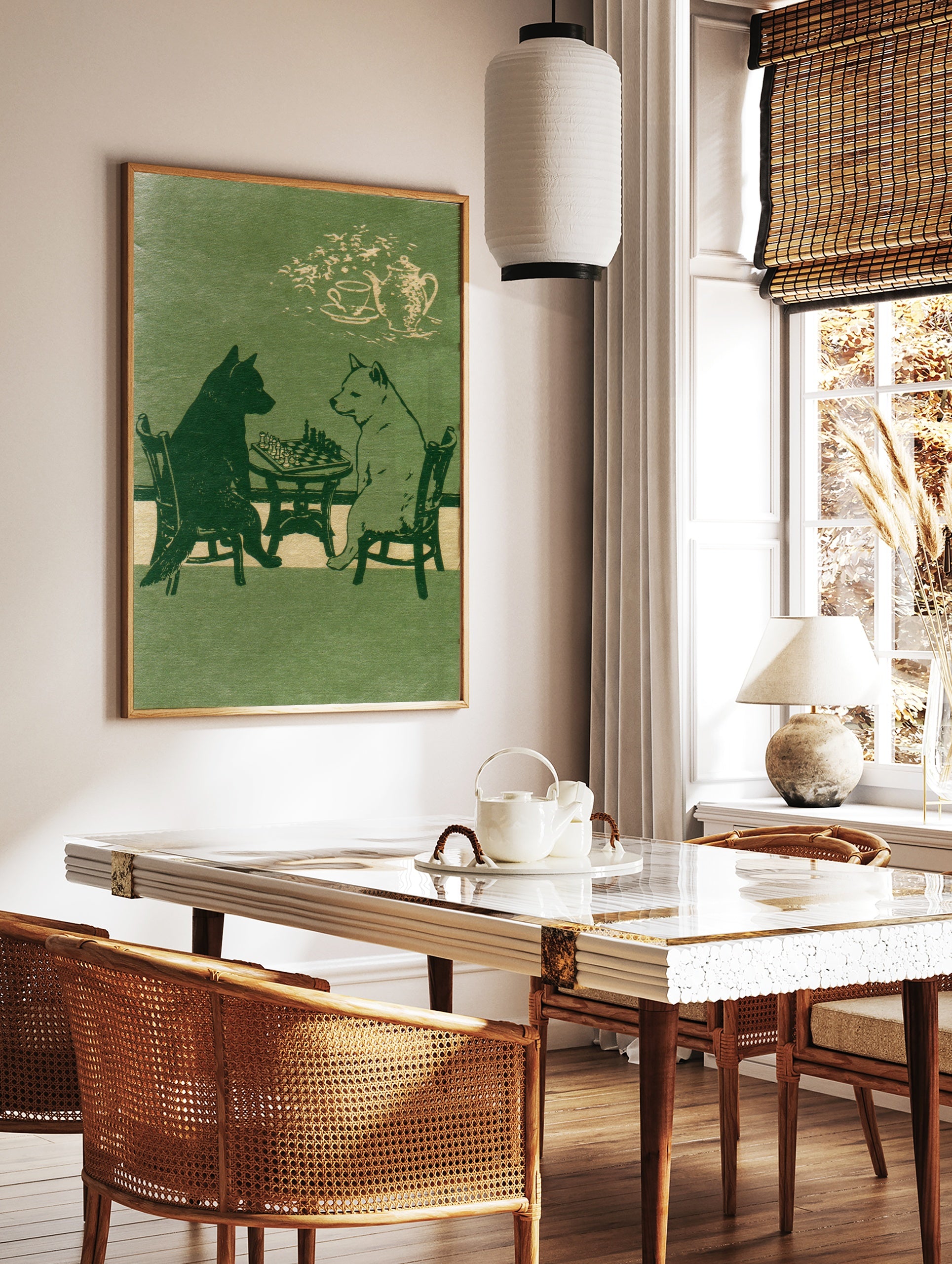 Illustration of a black dog and a white dog playing chess at a table with a tea set above, in green, in a styled room mockup