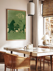 Illustration of a black dog and a white dog playing chess at a table with a tea set above, in green, in a styled room mockup