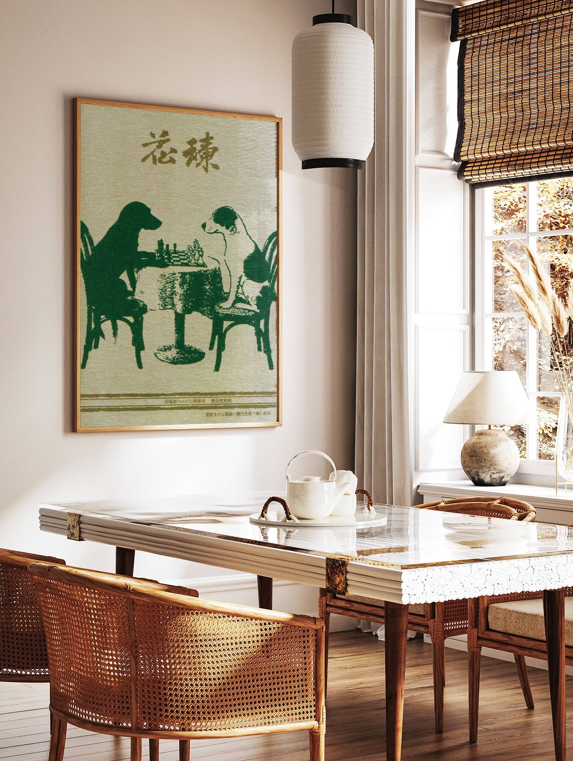 Illustrative art print of two dogs playing chess, one a green silhouette and the other textured, in a styled room mockup