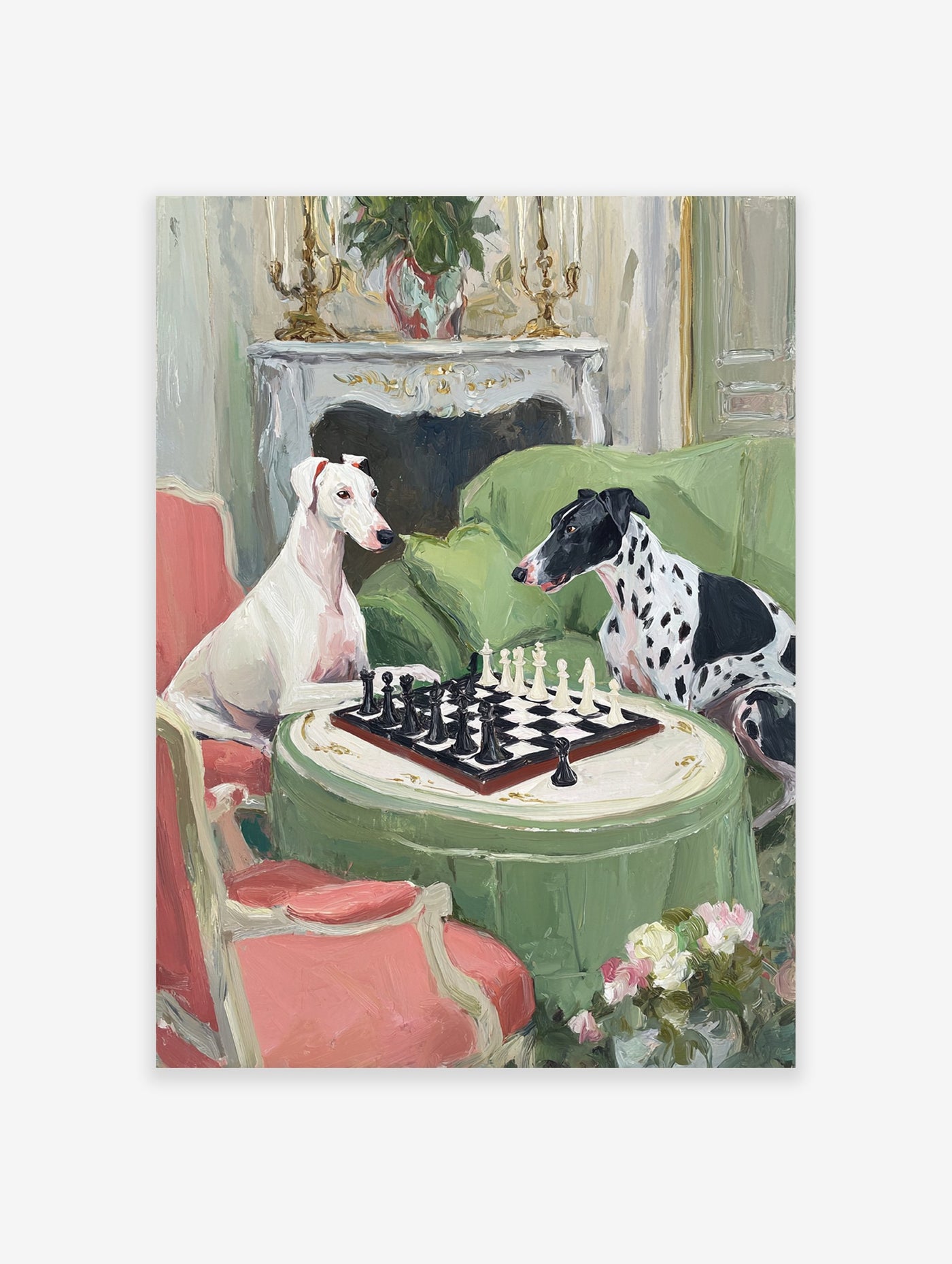 Whimsical painting of two dogs, a white greyhound and a black and white spotted dog, playing chess on a green table.