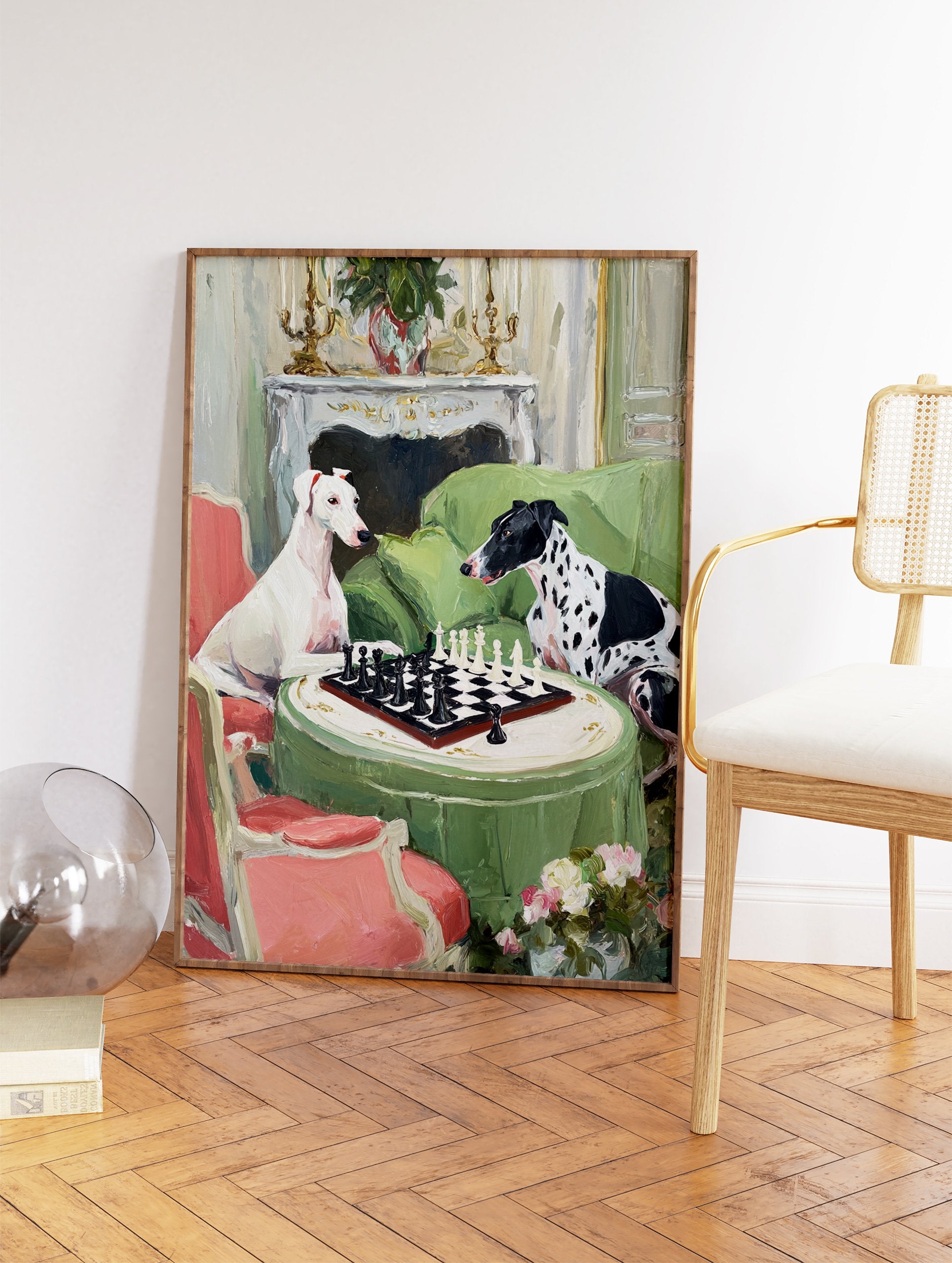 Whimsical painting of two dogs, a white greyhound and a black and white spotted dog, playing chess on a green table. - Image 2