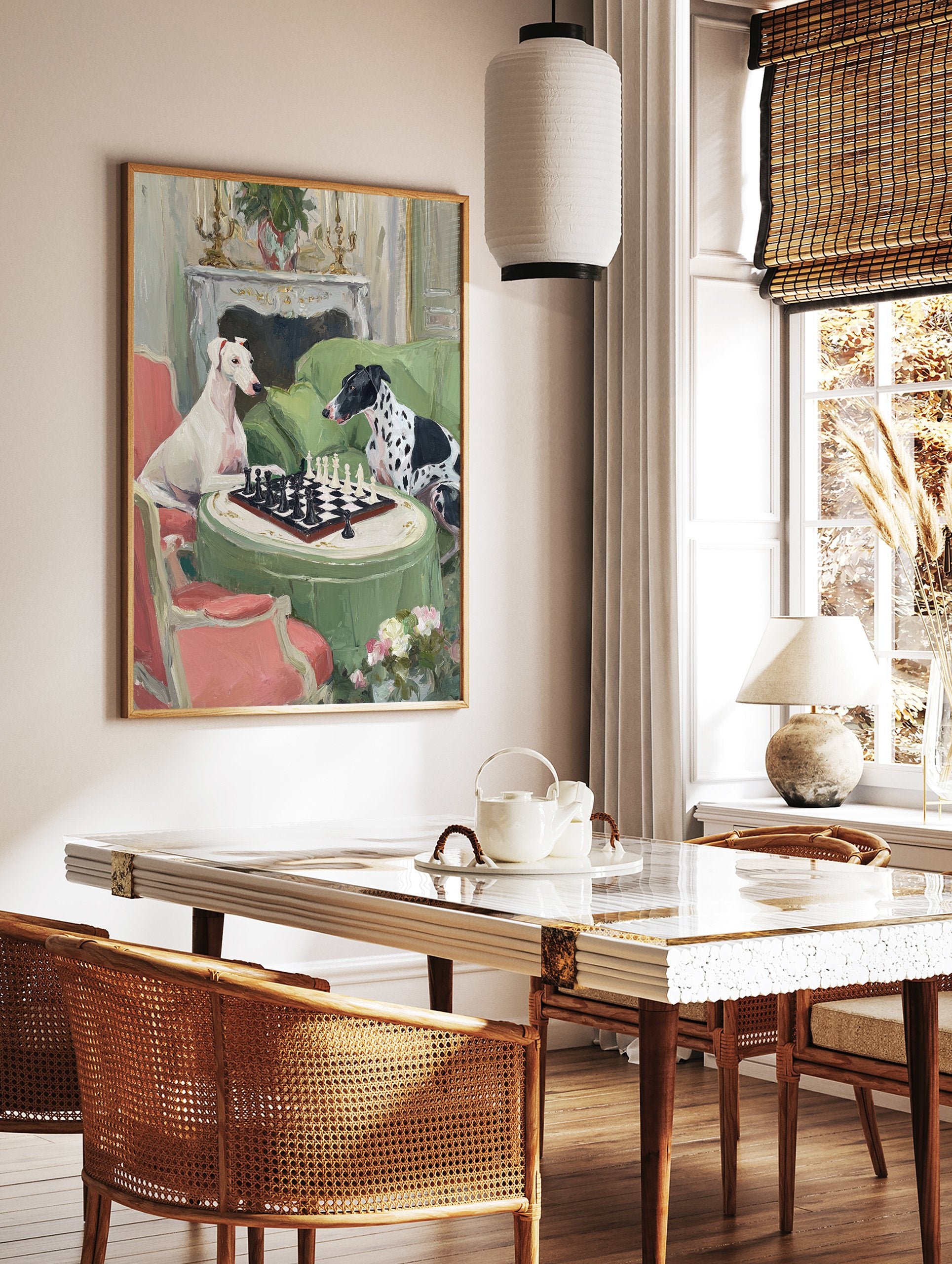 Whimsical painting of two dogs, a white greyhound and a black and white spotted dog, playing chess on a green table. - Image 3
