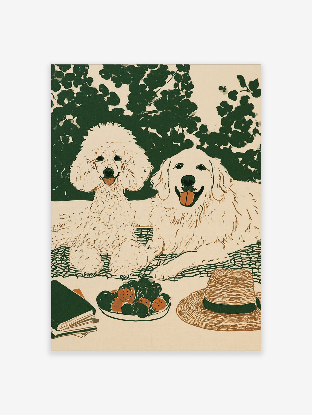 Illustrated wall art of a poodle and golden retriever on a picnic blanket with strawberries, a hat, and a book