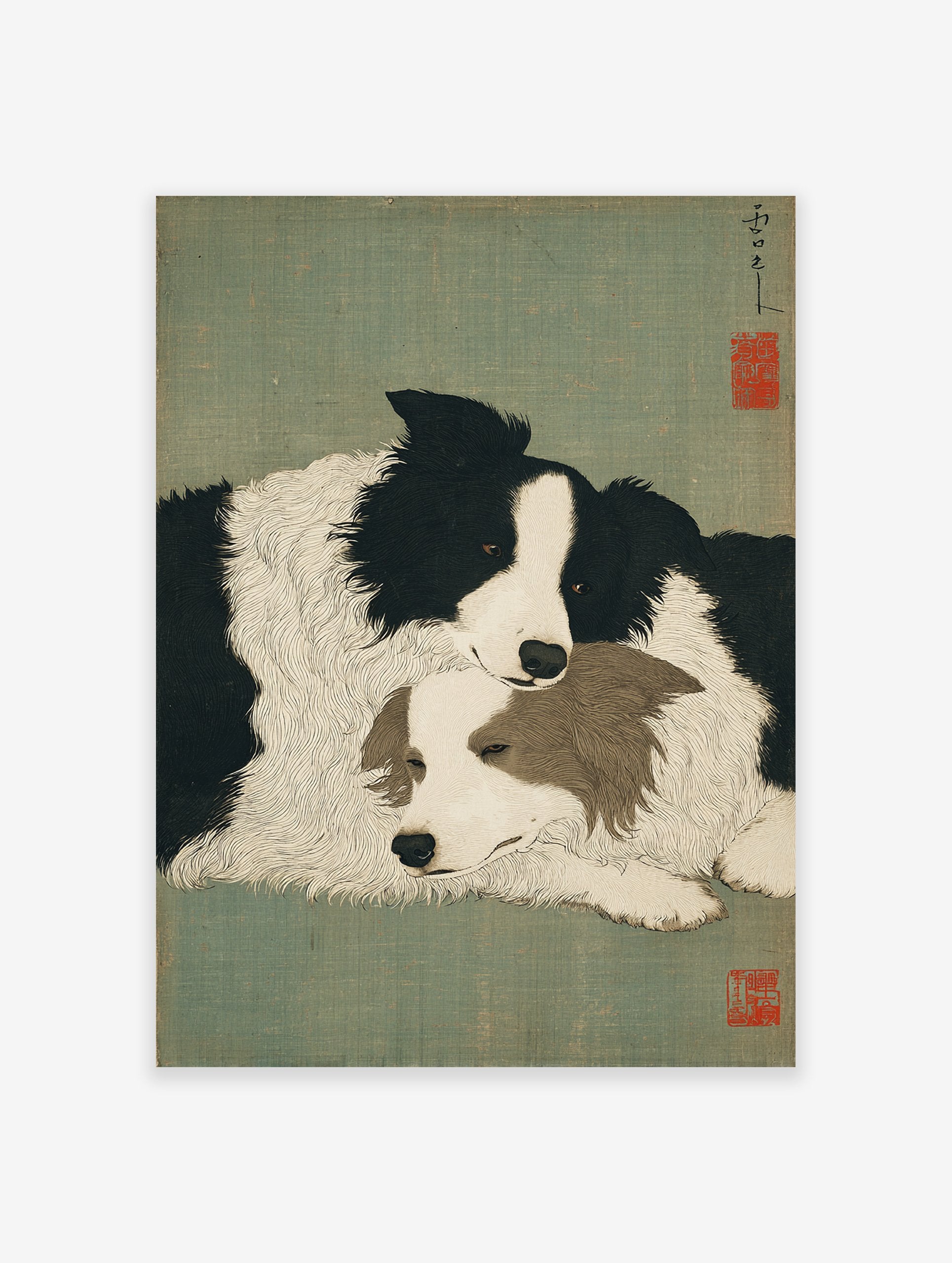 Japanese style Border Collie dog wall art print featuring two black, white, and brown dogs cuddling on a green background.