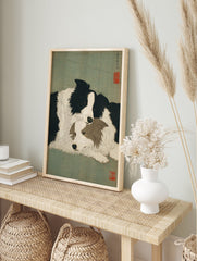 Japanese style Border Collie dog wall art print featuring two black, white, and brown dogs cuddling on a green background. - Image 3