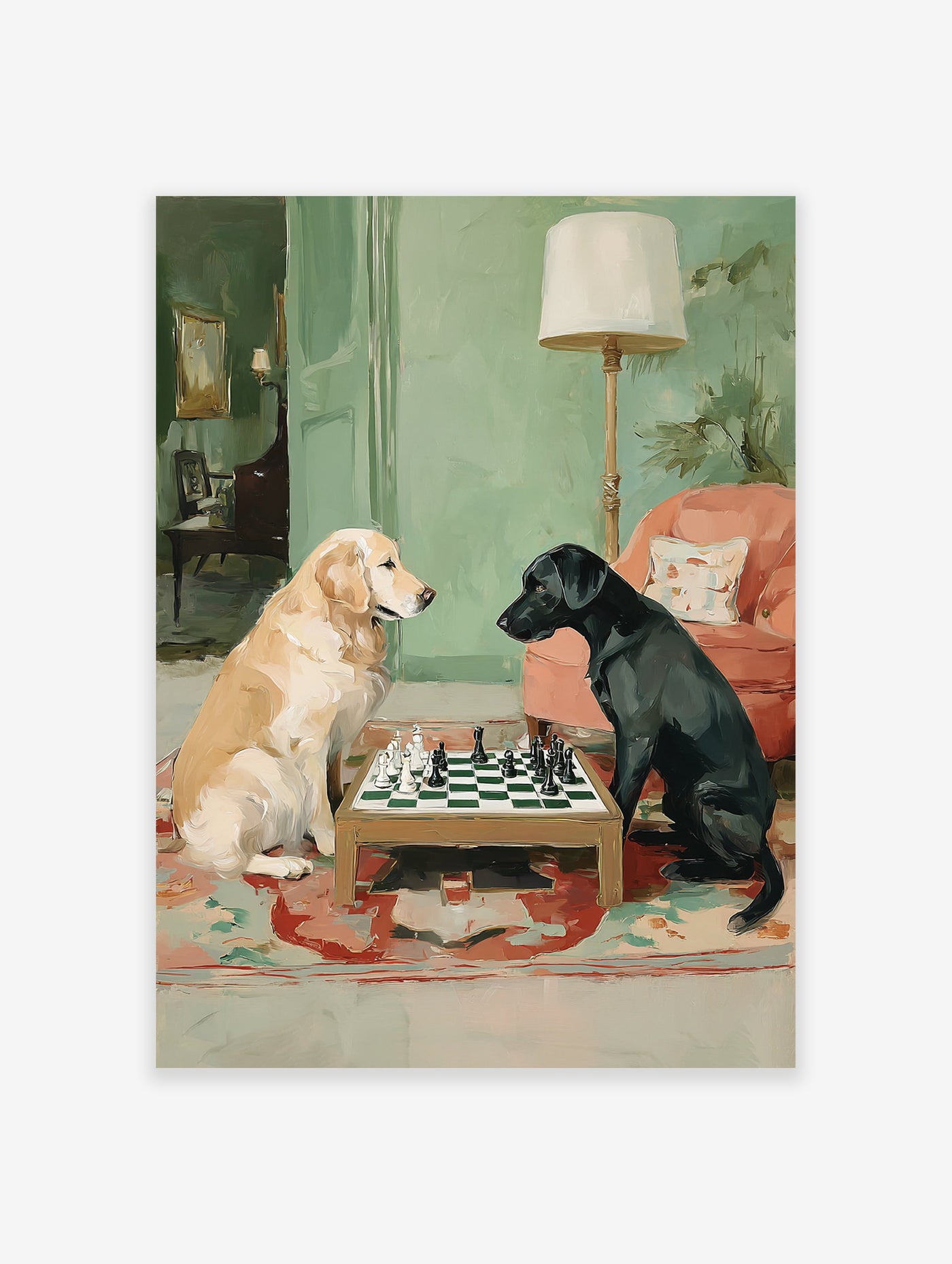 Painting of a Golden Retriever and Black Labrador dog playing chess on a small table in a green-walled room.