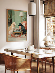 Painting of a Golden Retriever and Black Labrador dog playing chess on a small table in a green-walled room. - Image 2