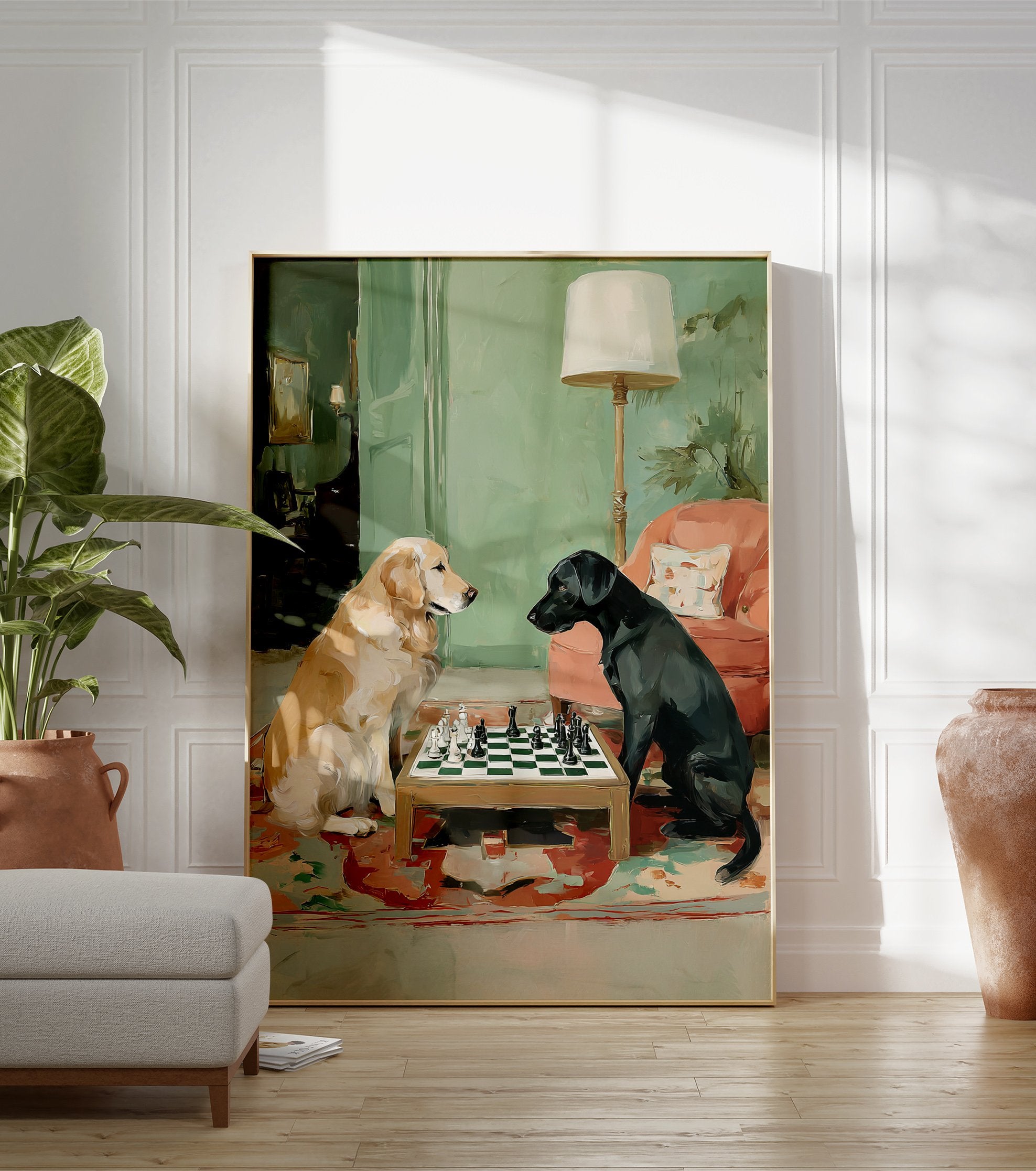 Painting of a Golden Retriever and Black Labrador dog playing chess on a small table in a green-walled room. - Image 3
