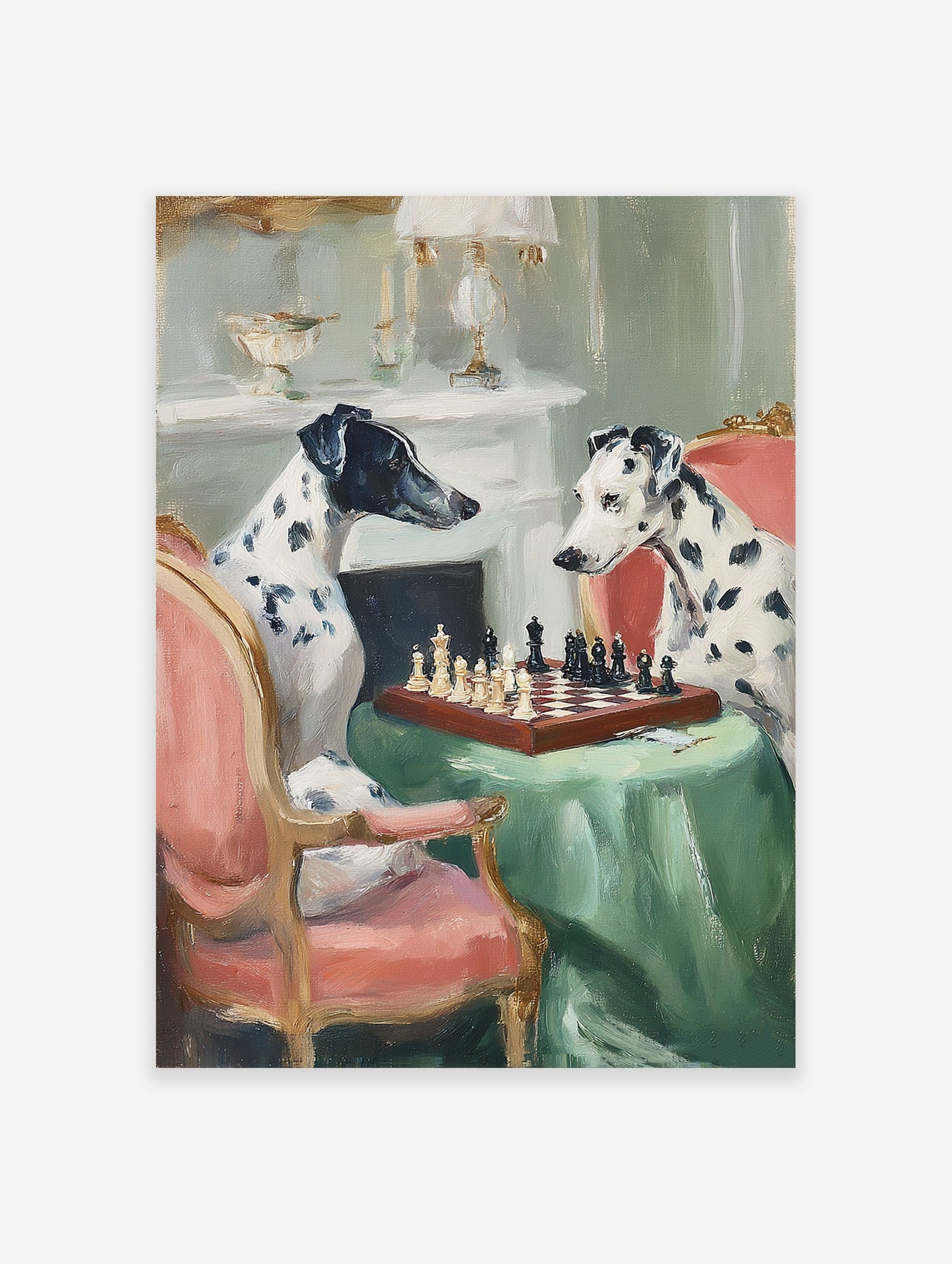 Dog wall art featuring two dogs, a black and white one and a Dalmatian, playing chess in an elegant room.