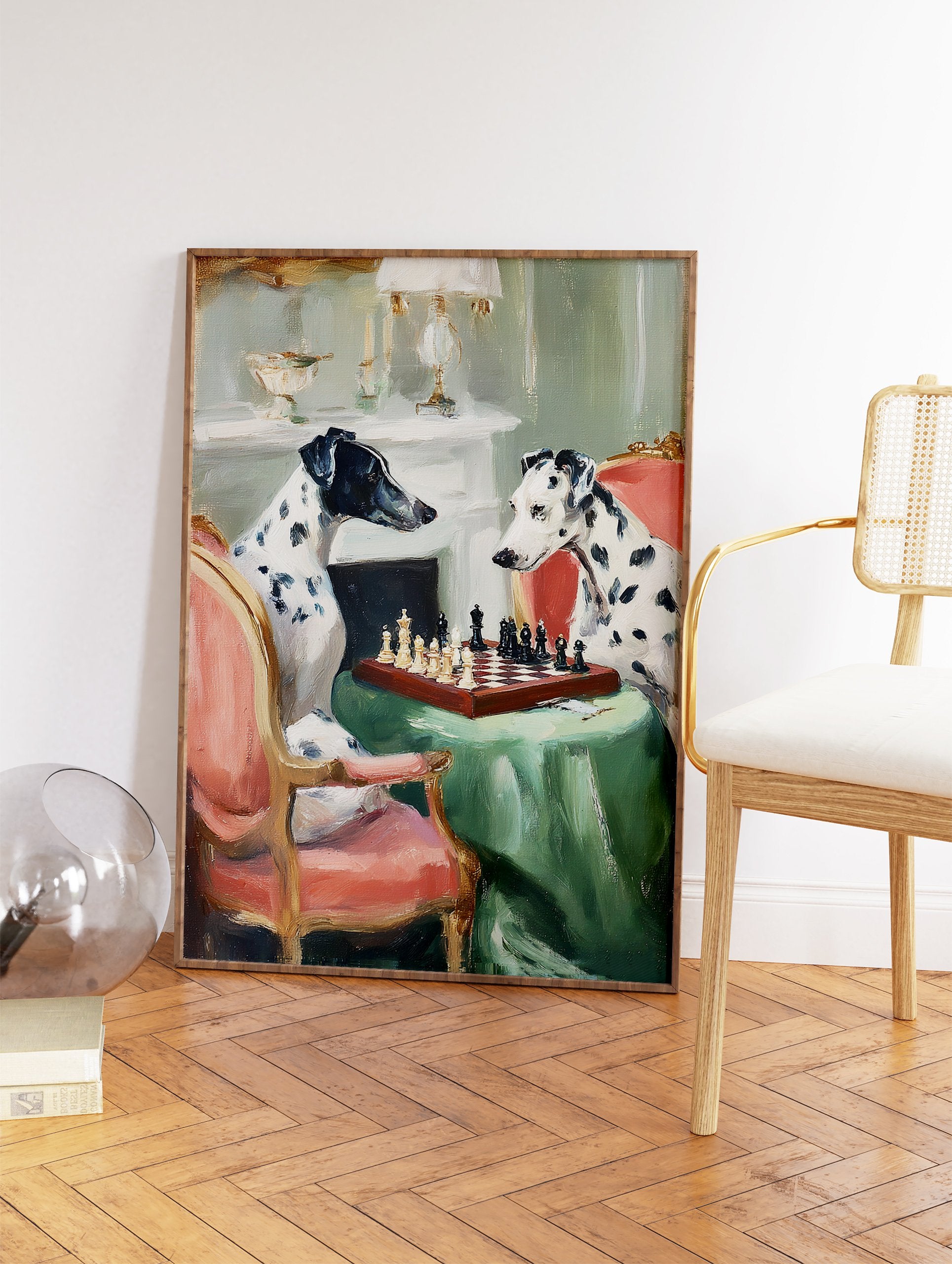Dog wall art featuring two dogs, a black and white one and a Dalmatian, playing chess in an elegant room. - Image 2