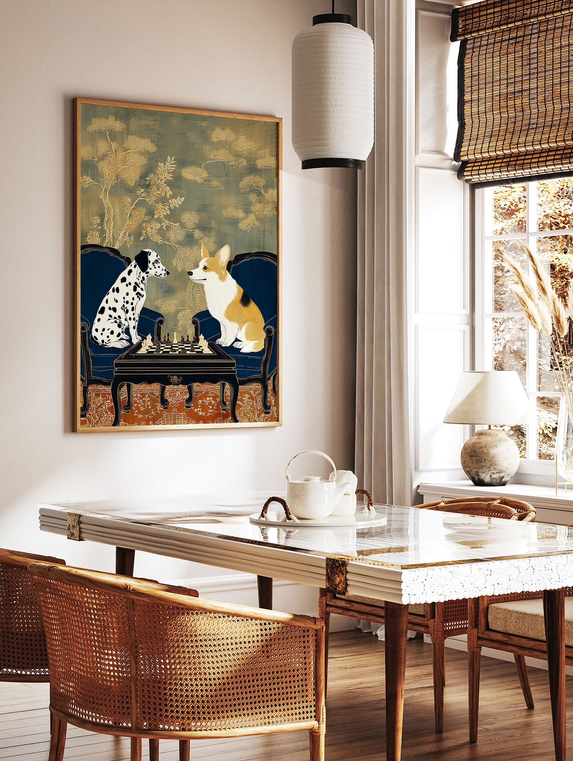 Illustrative dog wall art featuring a Dalmatian and a Corgi playing chess at a table in ornate chairs with a gold patterned background. - Image 2