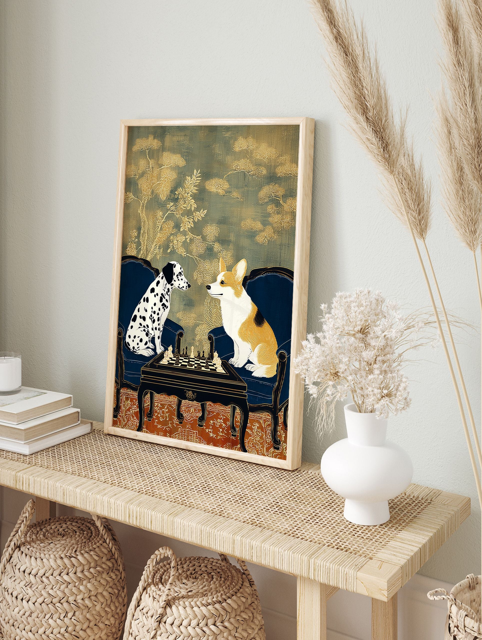Illustrative dog wall art featuring a Dalmatian and a Corgi playing chess at a table in ornate chairs with a gold patterned background. - Image 3