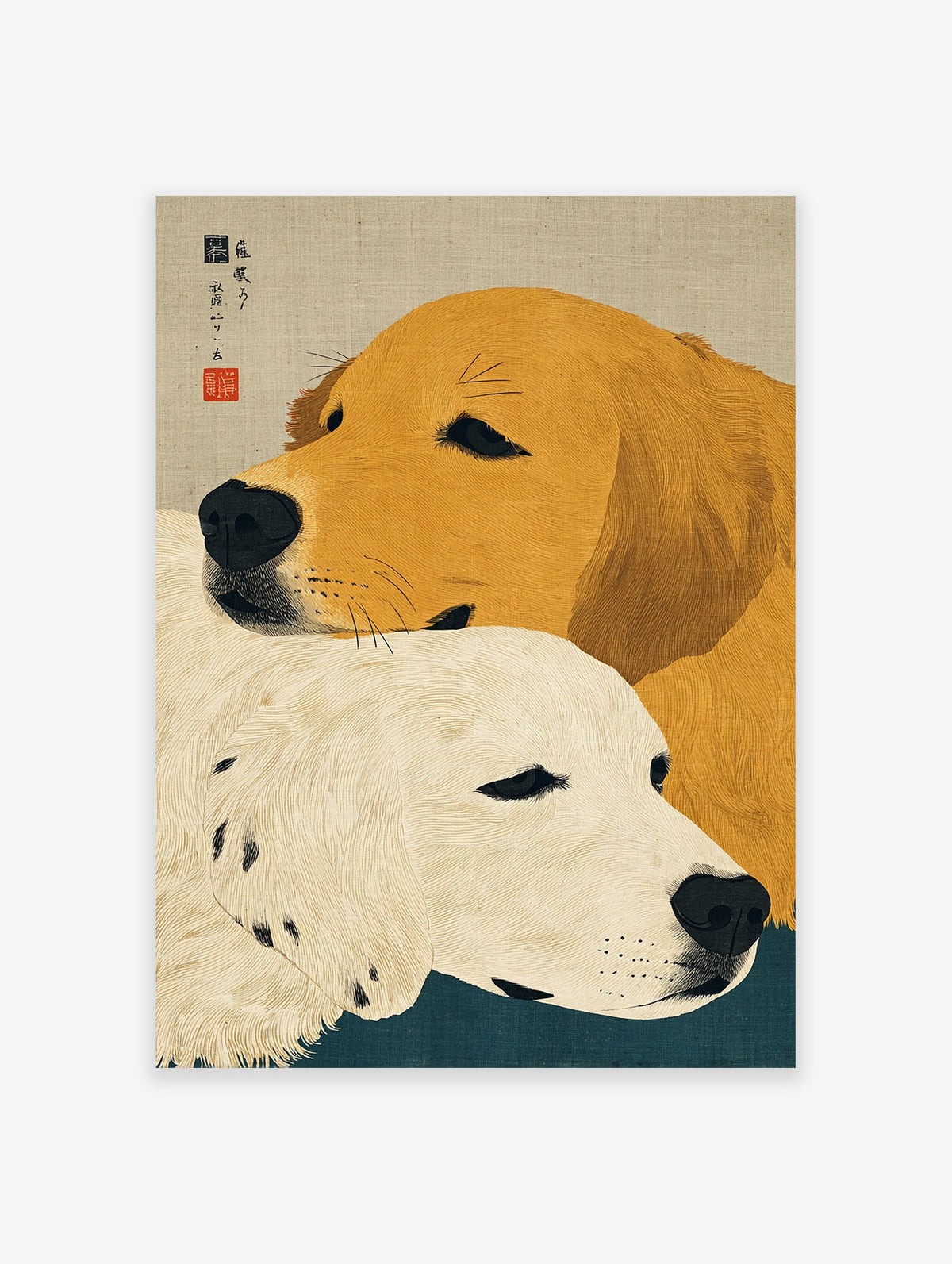 Japanese Ukiyo-e style art print featuring two Golden Retriever dogs, one golden and one cream, against a textured background.