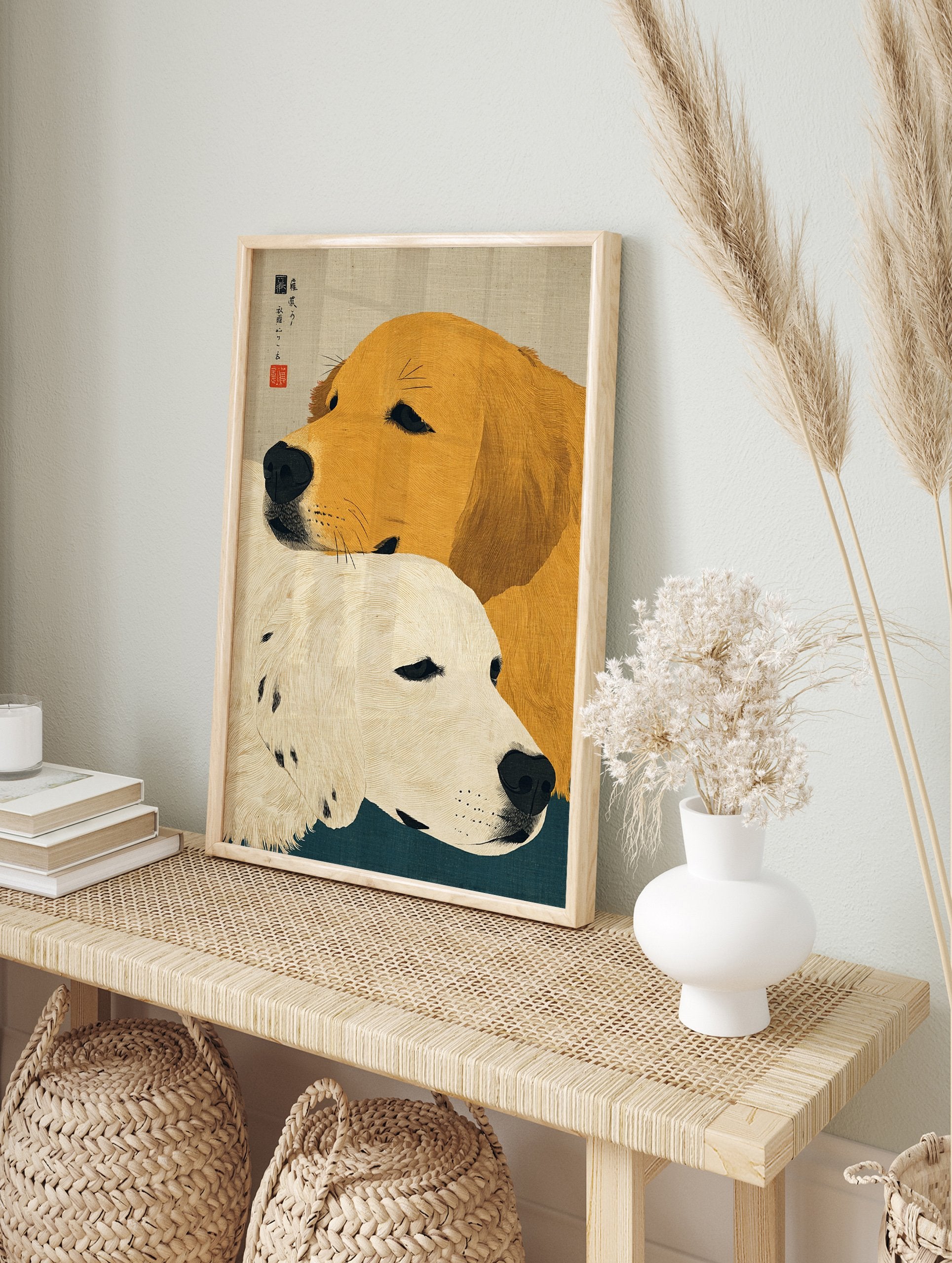 Japanese Ukiyo-e style art print featuring two Golden Retriever dogs, one golden and one cream, against a textured background. - Image 3