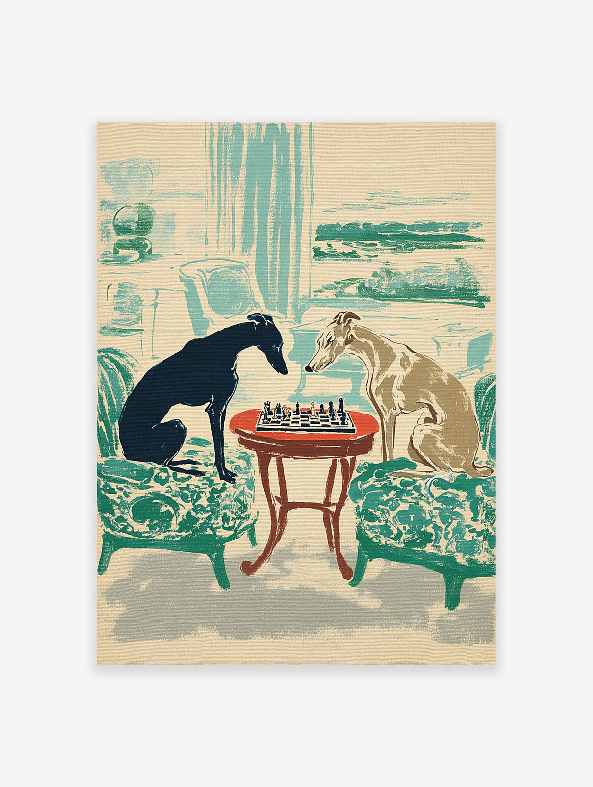 Vintage illustration of two greyhound dogs playing chess at a small table in a room, featuring green chairs and teal accents.