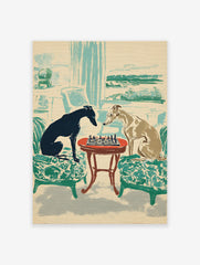 Vintage illustration of two greyhound dogs playing chess at a small table in a room, featuring green chairs and teal accents.