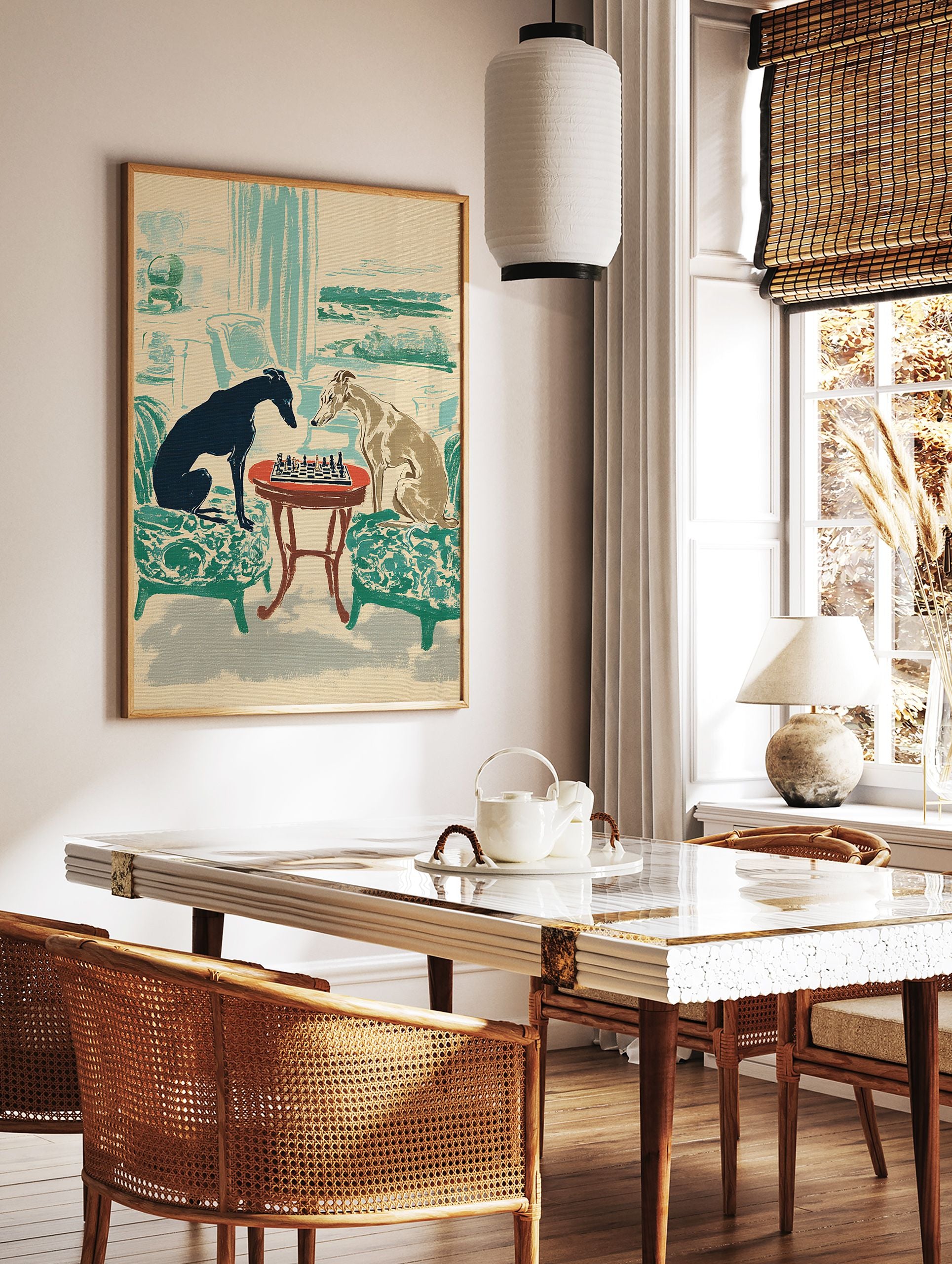 Vintage illustration of two greyhound dogs playing chess at a small table in a room, featuring green chairs and teal accents. - Image 2