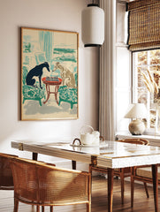 Vintage illustration of two greyhound dogs playing chess at a small table in a room, featuring green chairs and teal accents. - Image 2