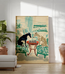 Vintage illustration of two greyhound dogs playing chess at a small table in a room, featuring green chairs and teal accents. - Image 3