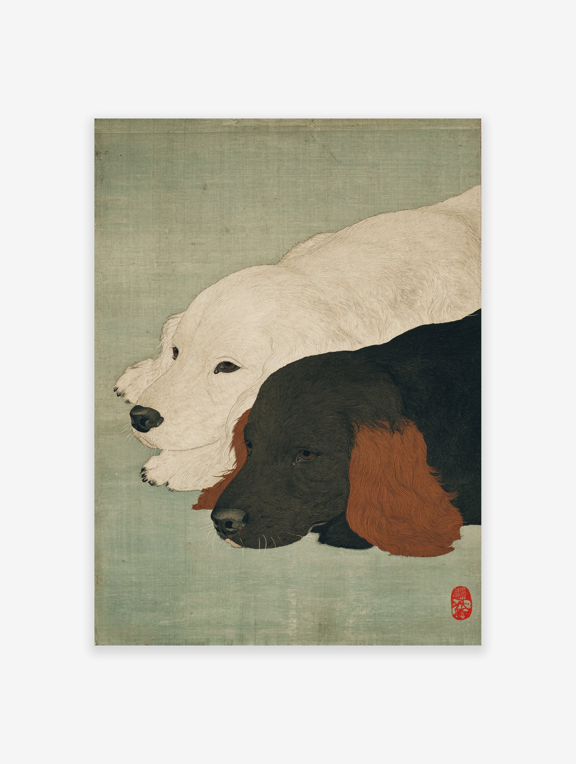 Japanese Ukiyo-e style dog wall art featuring a white dog and a black dog with brown ears resting on a green background.