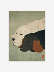 Japanese Ukiyo-e style dog wall art featuring a white dog and a black dog with brown ears resting on a green background.