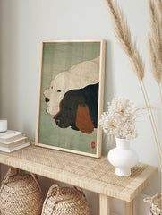 Japanese Ukiyo-e style dog wall art featuring a white dog and a black dog with brown ears resting on a green background. - Image 3