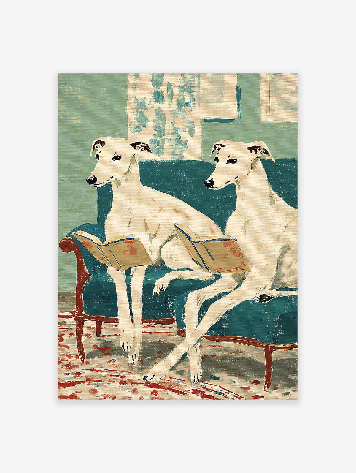 Illustration of two white whippet dogs reading books on a teal couch. Charming reading dog wall art for home decor.