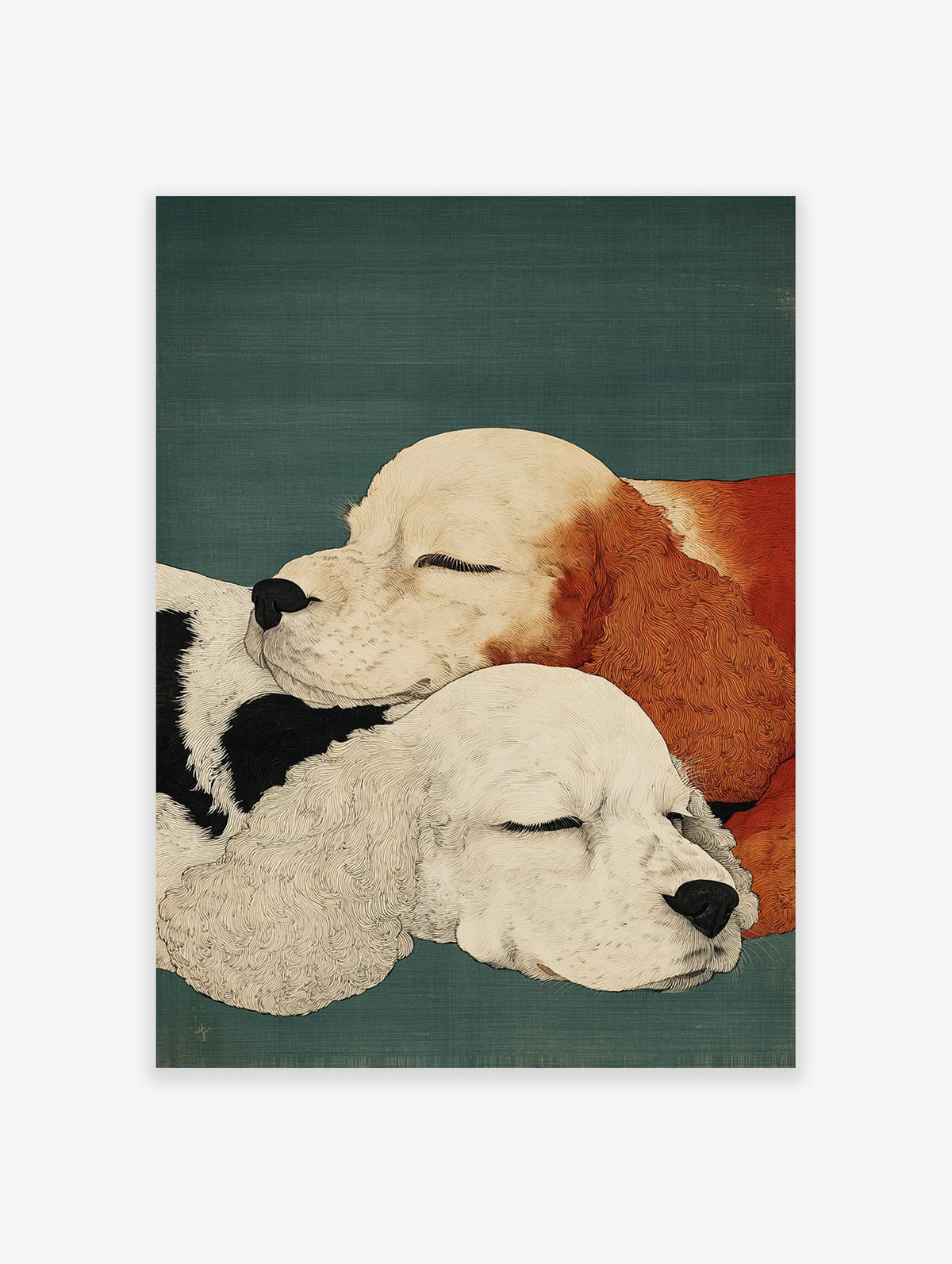 Dog wall art illustration of two sleeping cocker spaniel puppies, one black and white, one white and orange, on a green background.