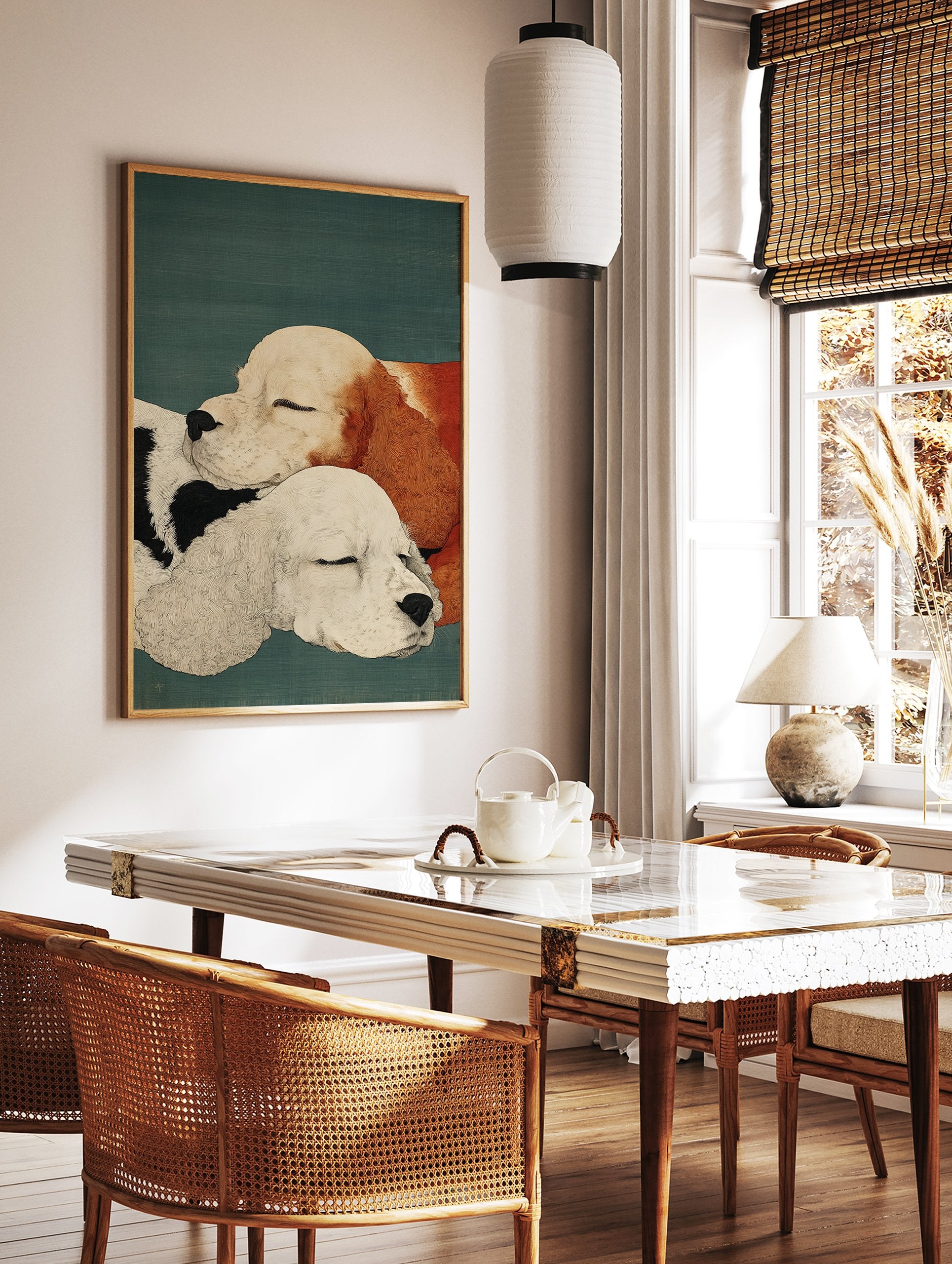 Dog wall art illustration of two sleeping cocker spaniel puppies, one black and white, one white and orange, on a green background. - Image 2