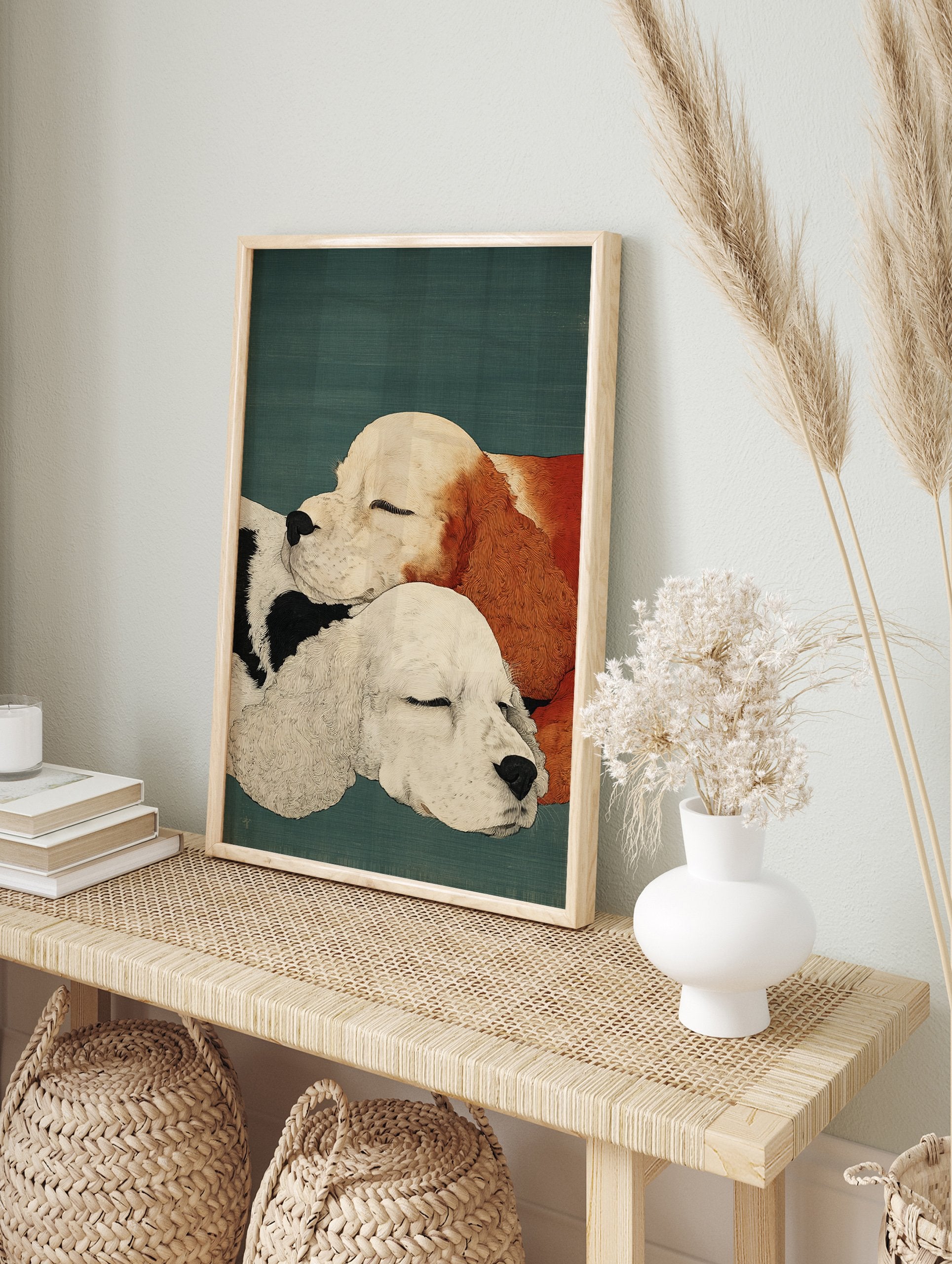 Dog wall art illustration of two sleeping cocker spaniel puppies, one black and white, one white and orange, on a green background. - Image 3
