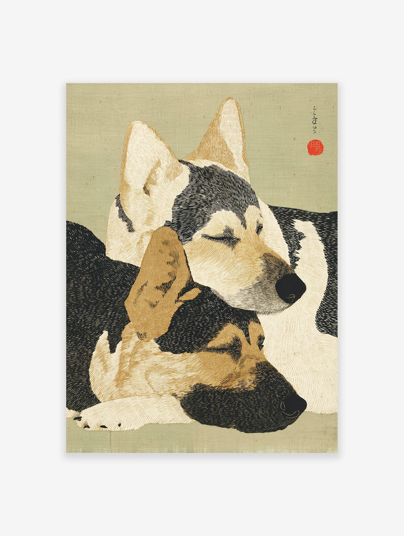 Japanese style dog wall art print featuring two sleeping dogs with black, cream, and brown fur on a green background.