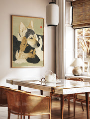 Japanese style dog wall art print featuring two sleeping dogs with black, cream, and brown fur on a green background. - Image 2