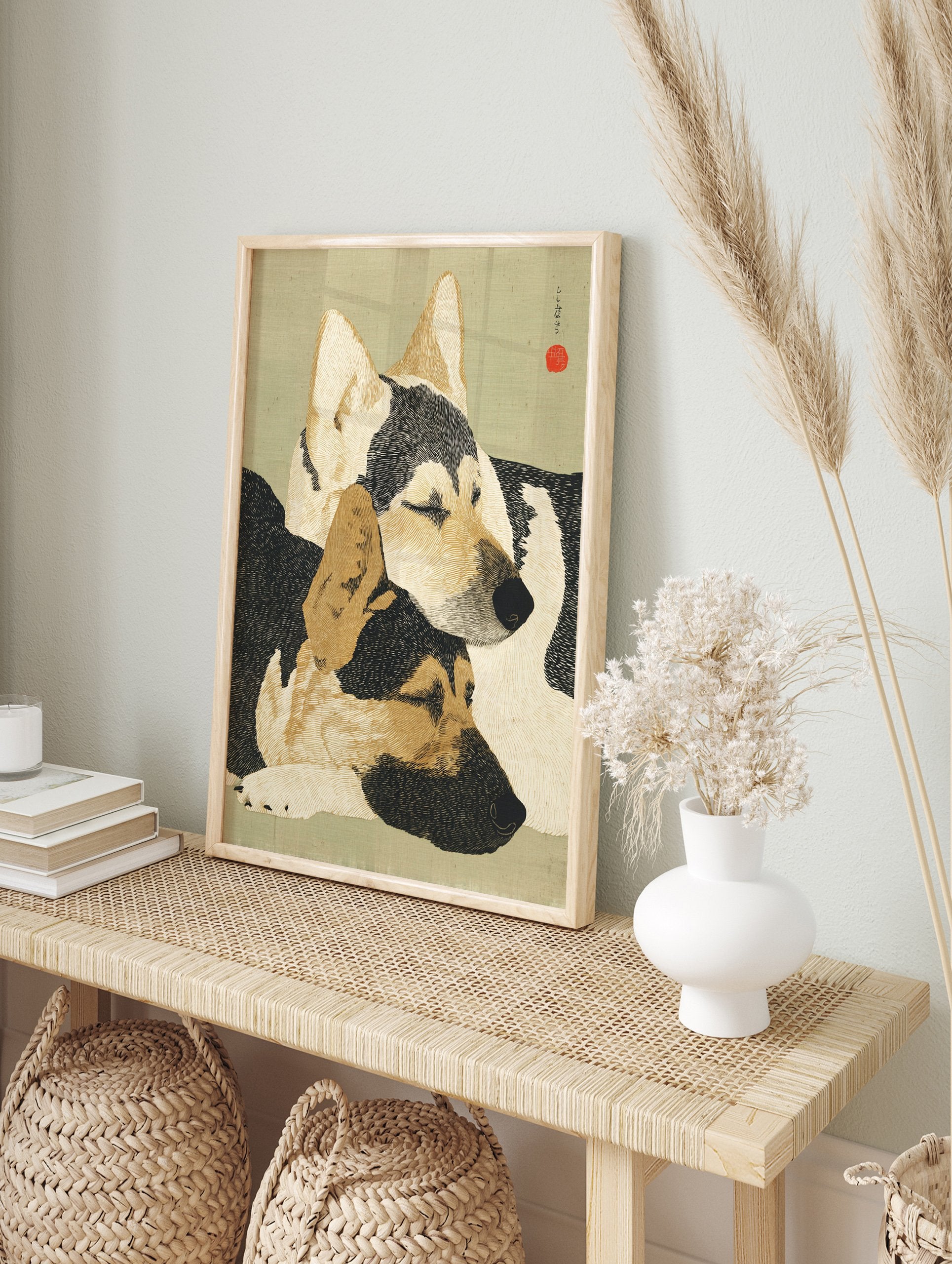 Japanese style dog wall art print featuring two sleeping dogs with black, cream, and brown fur on a green background. - Image 3