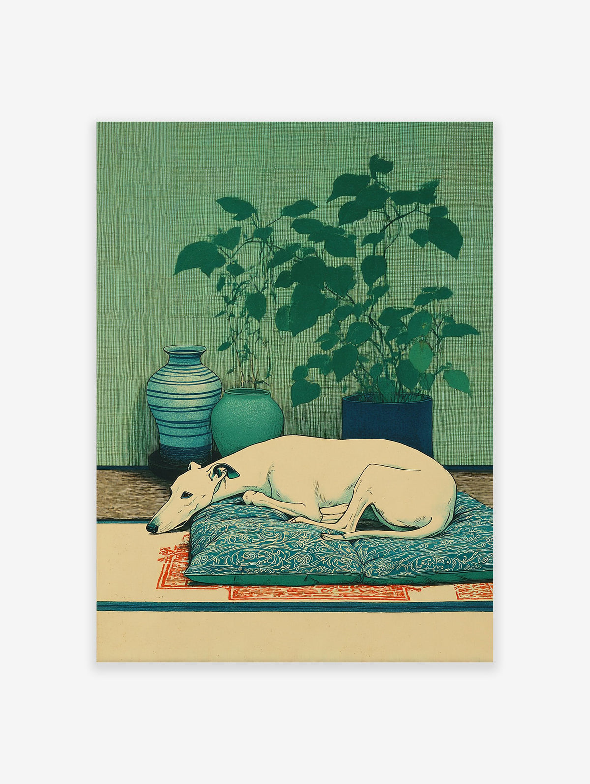 Serene dog wall art featuring a white greyhound sleeping on a blue patterned cushion, with green plants and vases.