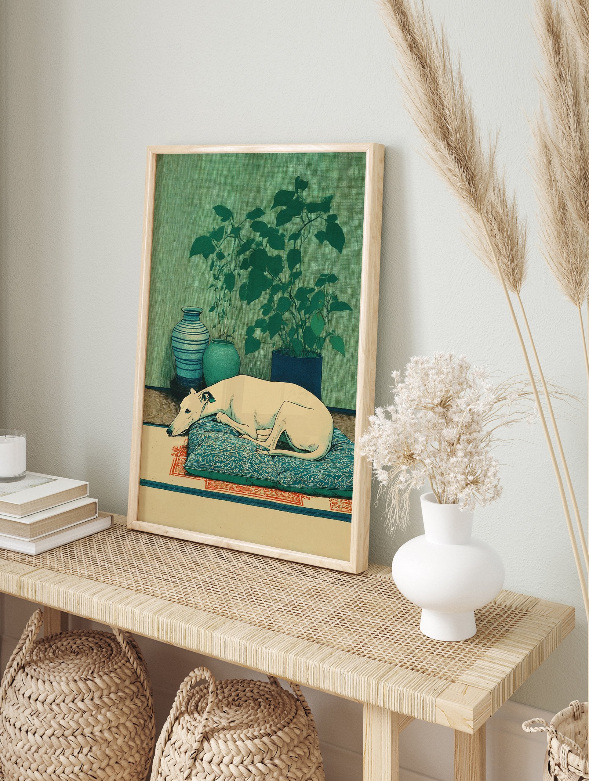 Serene dog wall art featuring a white greyhound sleeping on a blue patterned cushion, with green plants and vases. - Image 3