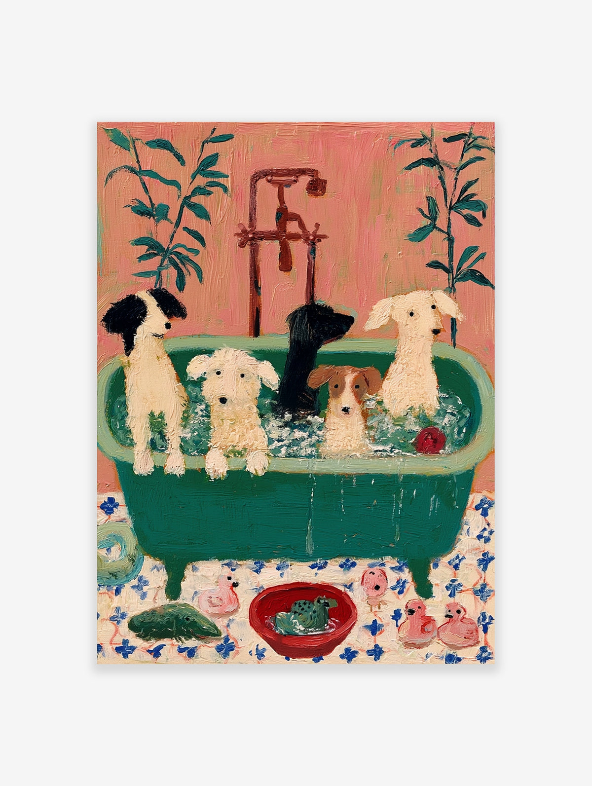 Painterly art print of five dogs in a green claw-foot bathtub with rubber ducks and a frog on a tiled floor