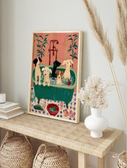 Painterly art print of five dogs in a green claw-foot bathtub with rubber ducks and a frog on, in an alternate framed mockup