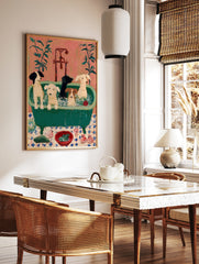 Painterly art print of five dogs in a green claw-foot bathtub with rubber ducks and a frog on a, in a styled room mockup