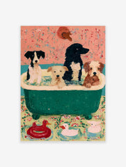 Four dogs in a green bathtub with toy ducks on the floor, painterly style art print on pink floral background