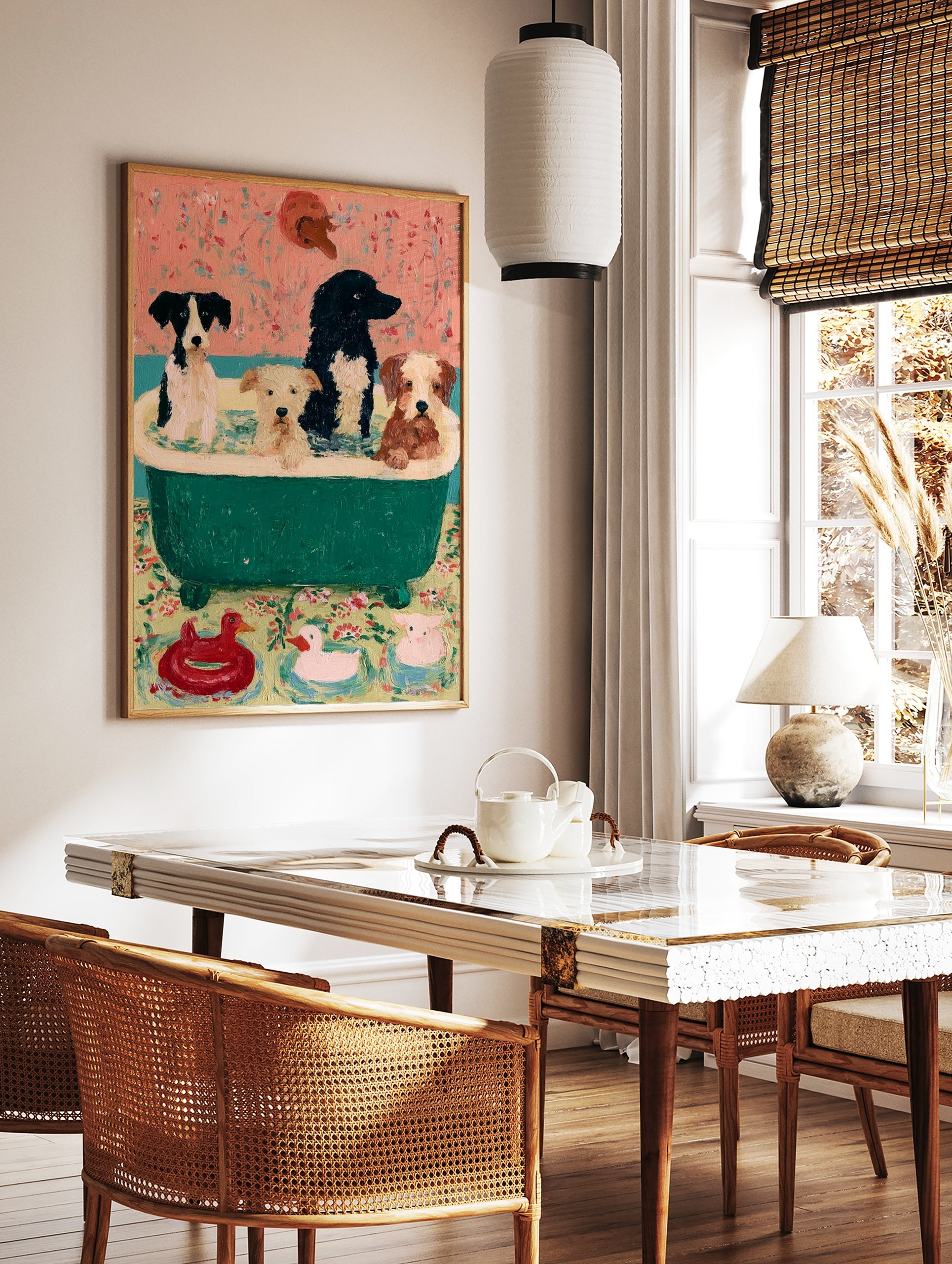 Four dogs in a green bathtub with toy ducks on the floor, painterly style art print on pink floral, in a styled room mockup
