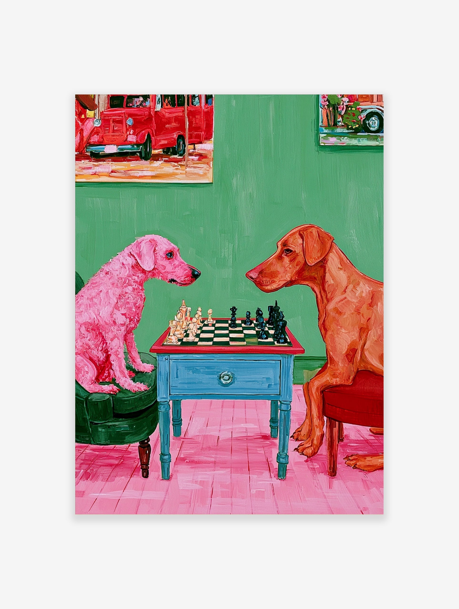 Impressionist illustration of a pink dog and a ginger dog playing chess on a blue table against a green background