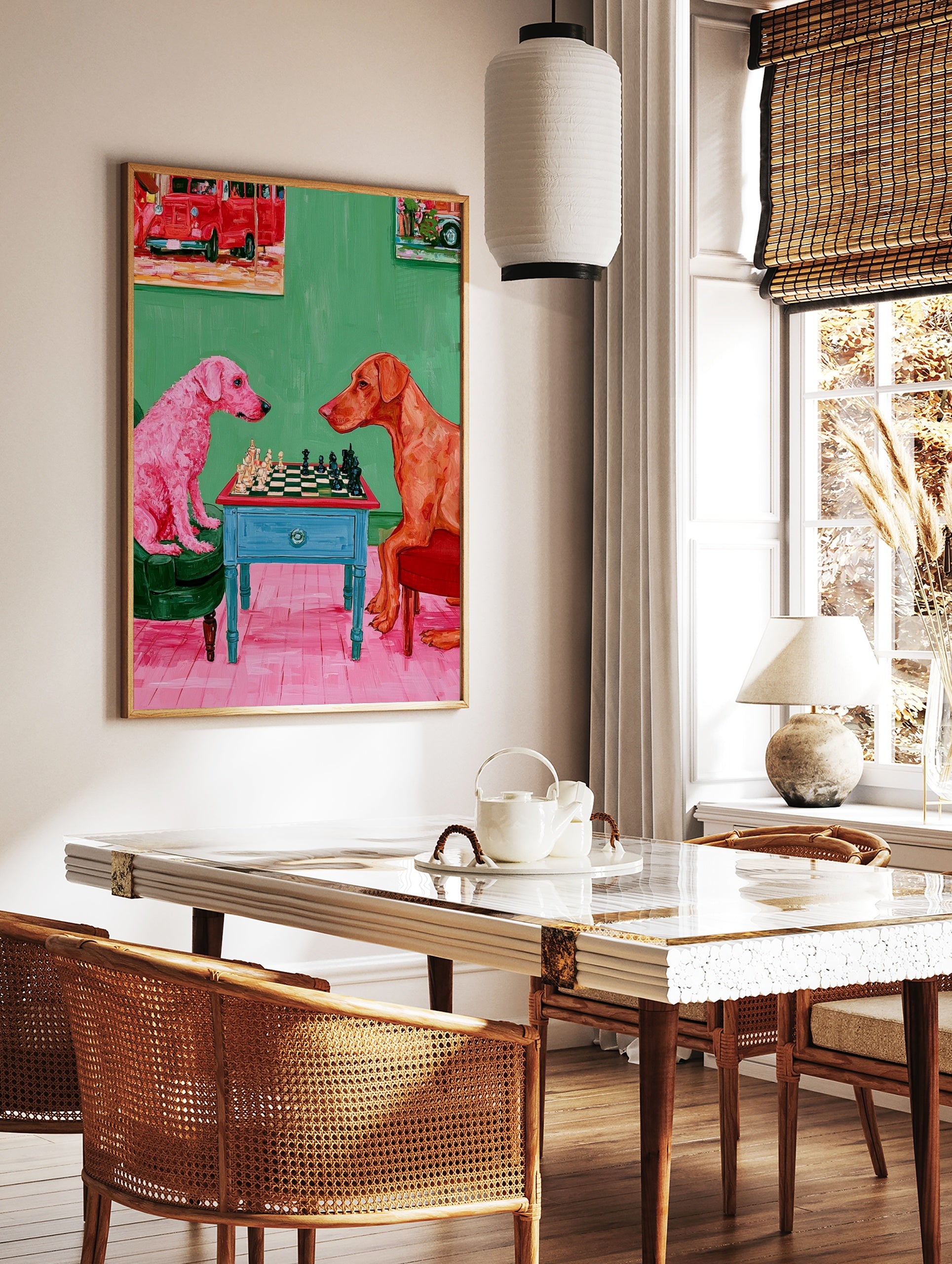Impressionist illustration of a pink dog and a ginger dog playing chess on a blue table against a, in a styled room mockup