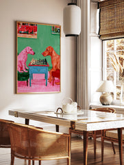 Impressionist illustration of a pink dog and a ginger dog playing chess on a blue table against a, in a styled room mockup